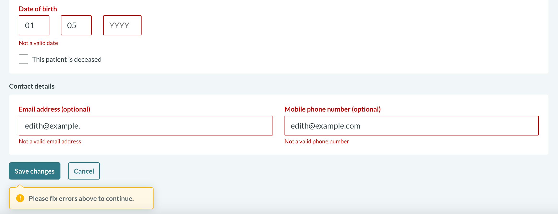 Form validation in new patient form